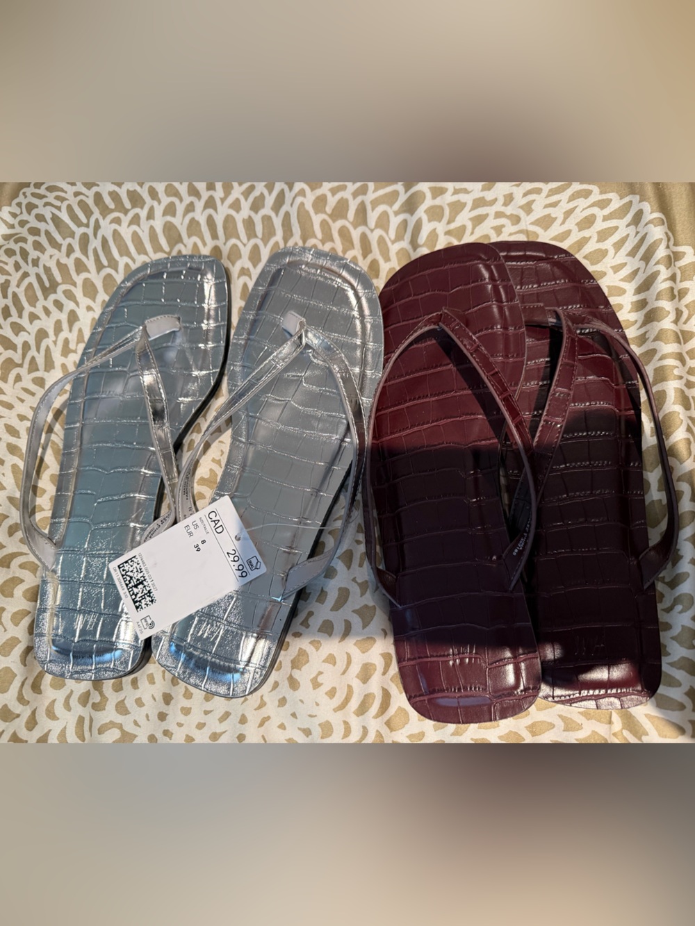 H&M Croc-Embossed Flip Flop Sandals in Silver and Burgundy